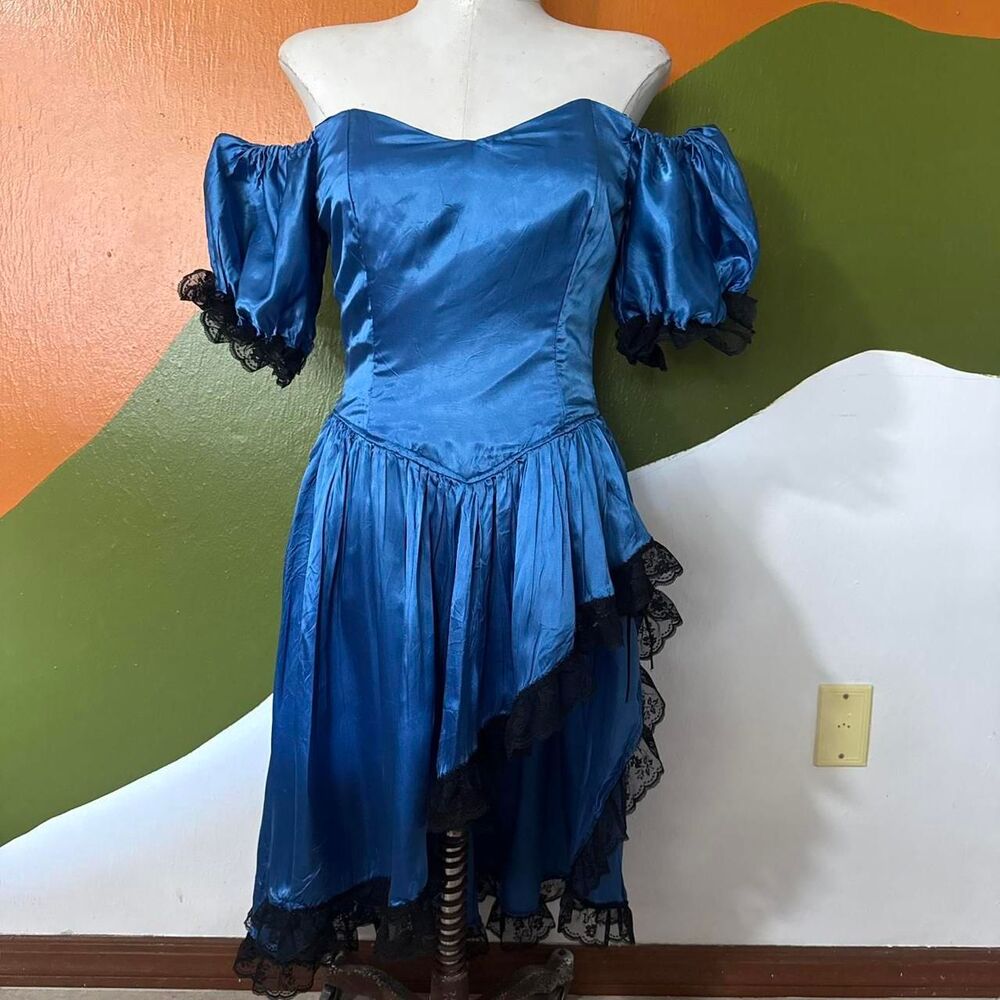 Vintage 80s Cobalt Blue Satin Party Dress Off Shoulder Black Lace Whimsigoth S